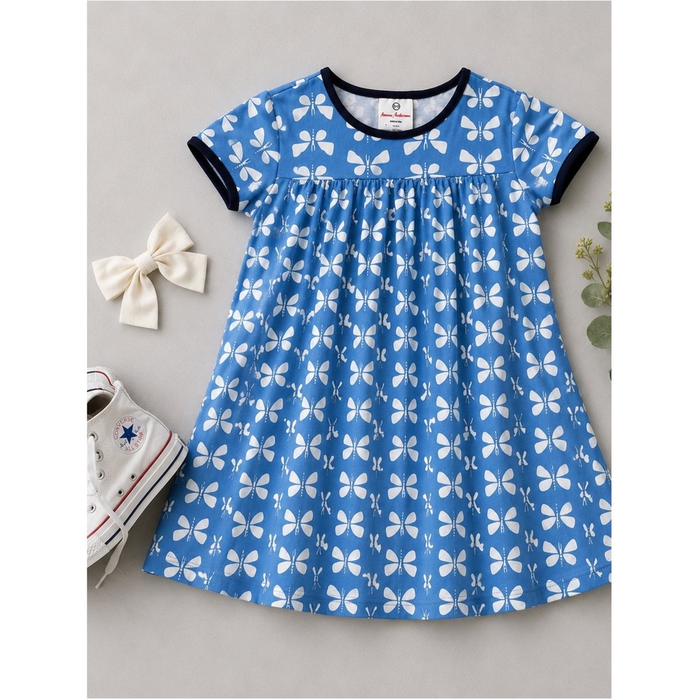 Hanna Andersson Dress Cotton Butterfly Print 130 Blue Short Sleeve Kids - Picture 8 of 8
